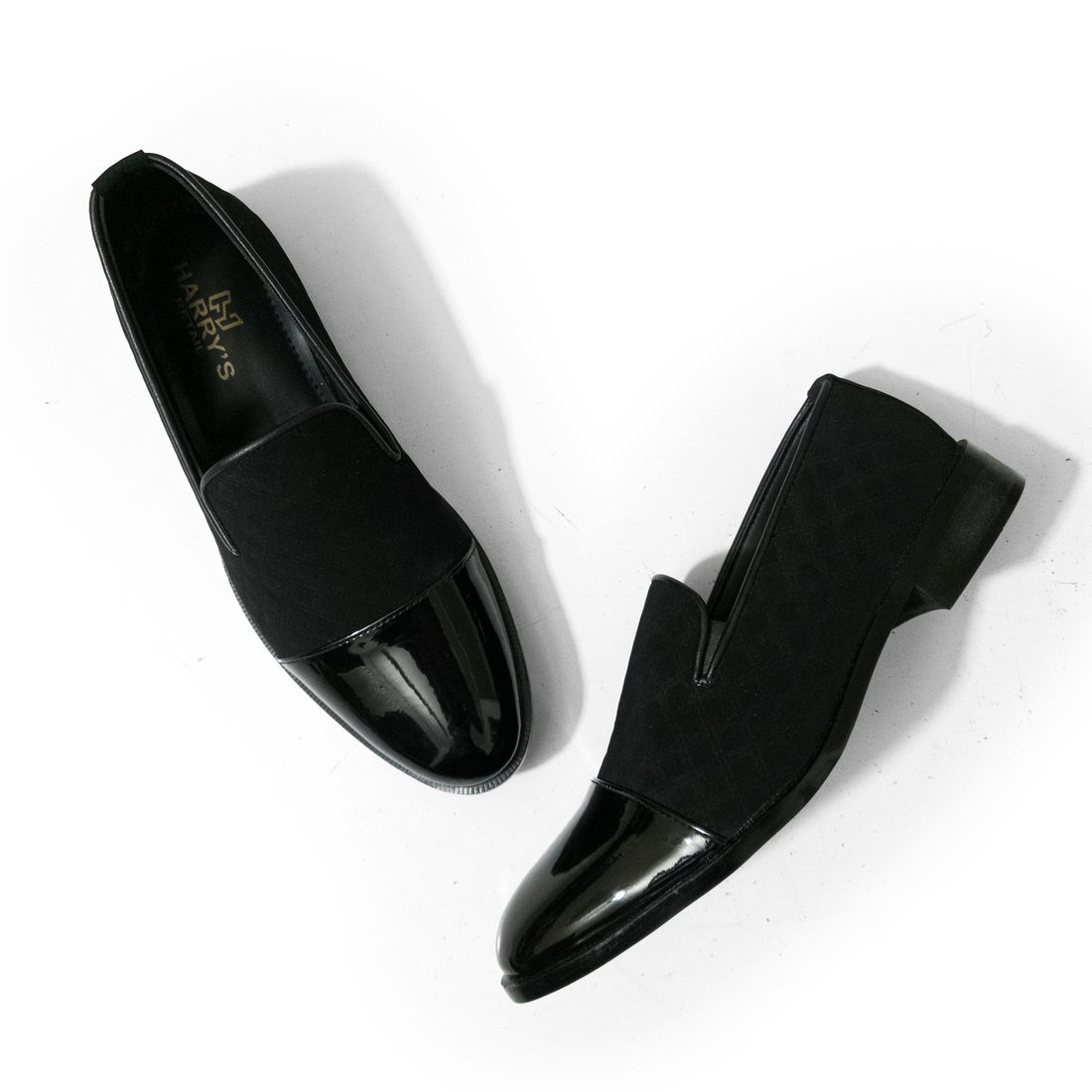 SHINNY SUEDE BLACK SLIP-ONS