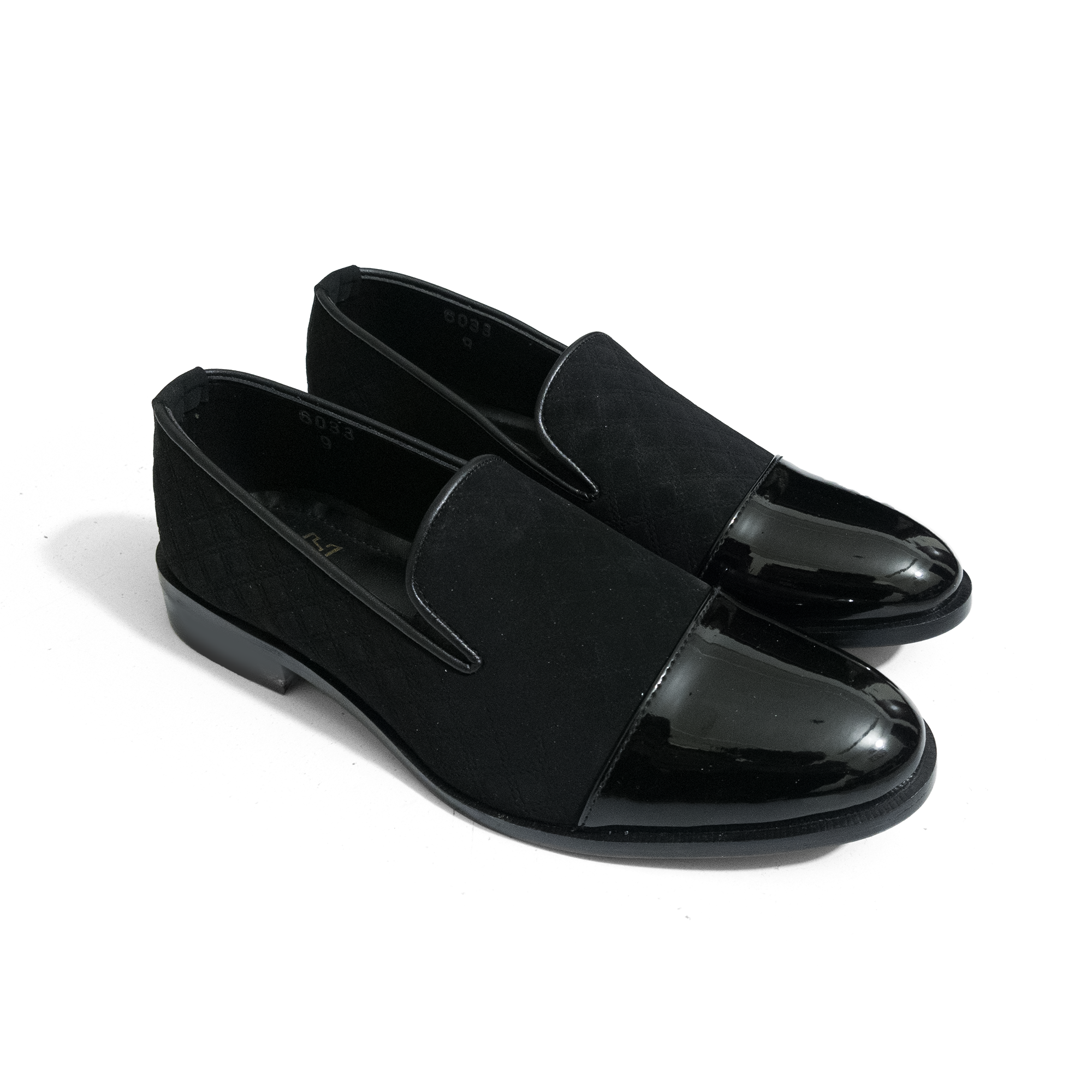SHINNY SUEDE BLACK SLIP-ONS