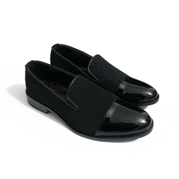 SHINNY SUEDE BLACK SLIP-ONS